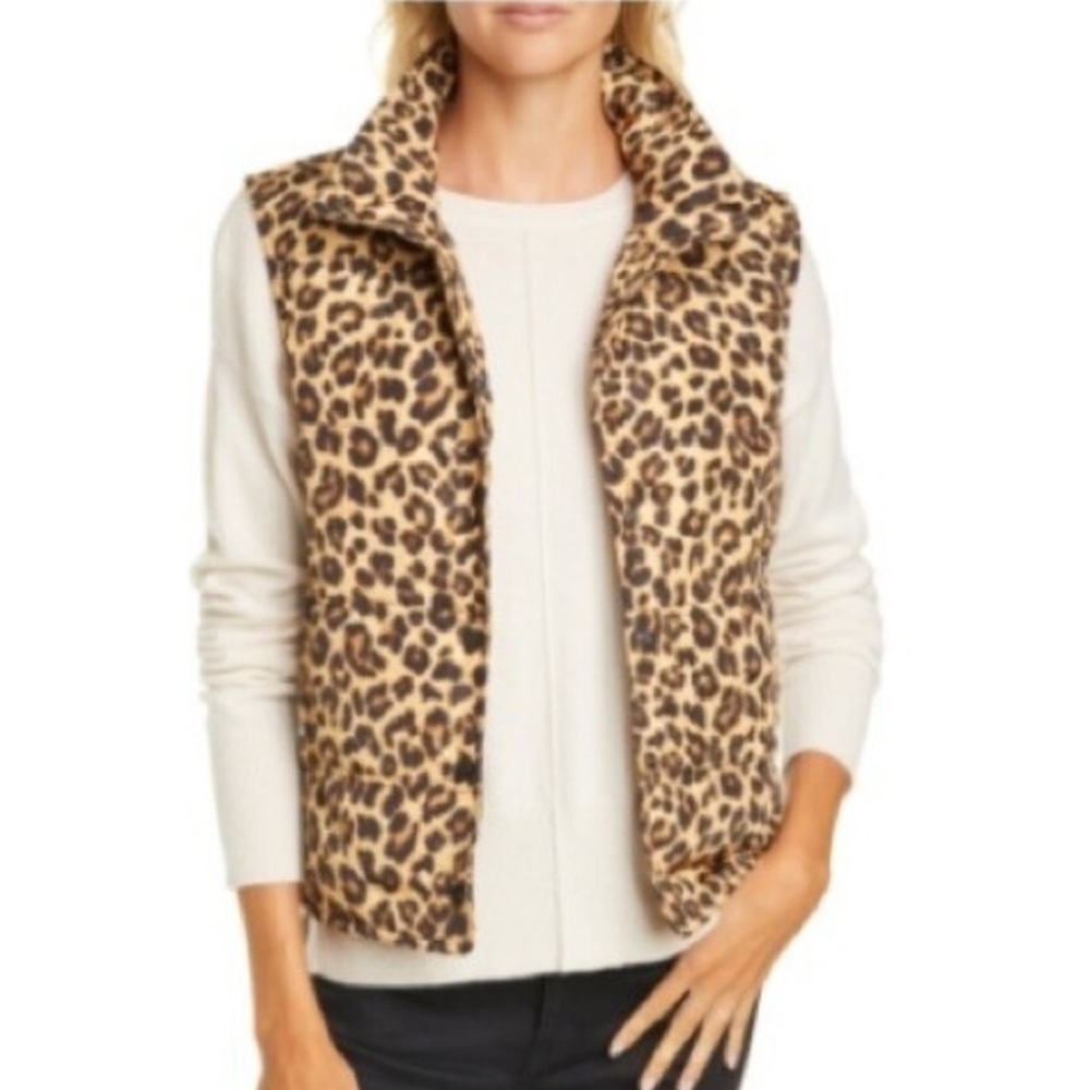 Veronica Beard Snap Front Puffer Vest Brown Leopard - Picture 2 of 10